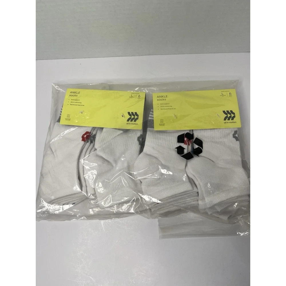Kids All In Motion Ankle Socks 12 Pairs White Cushion Arch Sz L 3-7